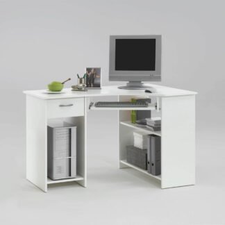Elegant White Corner Desk with Drawer and Shelves for Home Office - UK Luxury Furniture