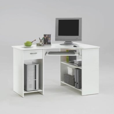 Elegant White Corner Desk with Drawer and Shelves for Home Office - UK Luxury Furniture