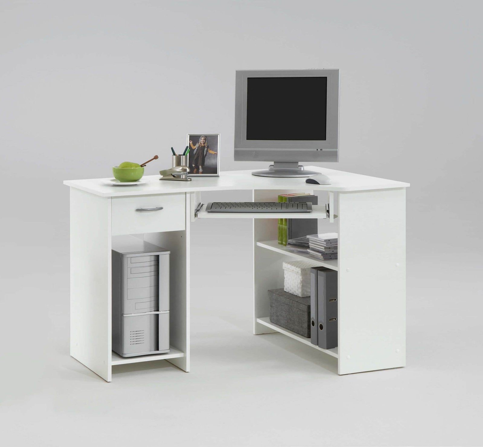 Elegant White Corner Desk with Drawer and Shelves for Home Office - UK Luxury Furniture