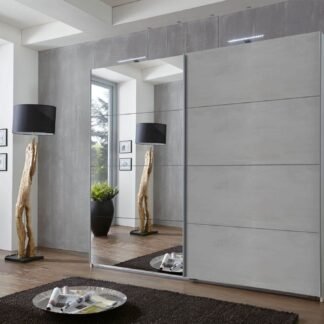 Alfor Mirrored Large Sliding Door Wardrobe in Concrete Grey with Ample Storage - UK Luxury Furniture