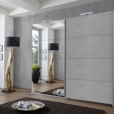 Alfor Mirrored Large Sliding Door Wardrobe in Concrete Grey with Ample Storage - UK Luxury Furniture