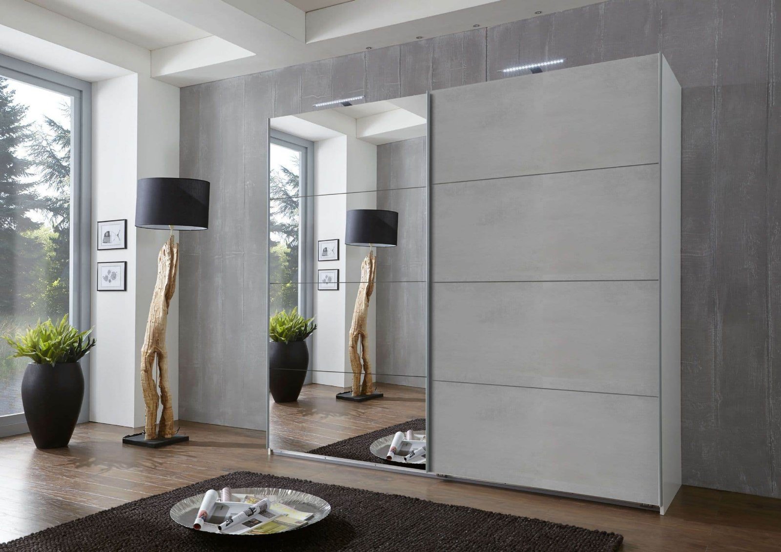 Alfor Mirrored Large Sliding Door Wardrobe in Concrete Grey with Ample Storage - UK Luxury Furniture
