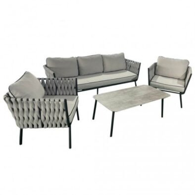 Anna Grey Aluminium & Rope Outdoor Sofa Set with Coffee Table – 3-Seater & 2 Armchairs - UK Luxury Furniture