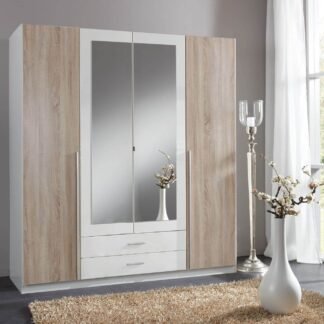 Artic White & Oak Effect 4-Door, 2-Drawer Wardrobe with Mirrored Doors - UK Luxury Furniture