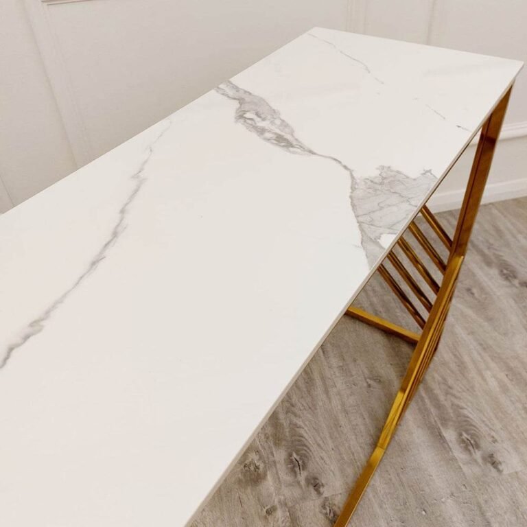 Azure Gold Console Table with Polar White Sintered Stone Top, Luxurious Design 120cm x 80cm x 40cm - UK Luxury Furniture