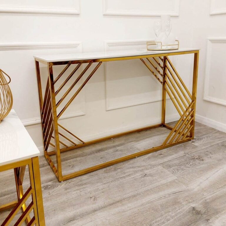 Azure Gold Console Table with Polar White Sintered Stone Top, Luxurious Design 120cm x 80cm x 40cm - UK Luxury Furniture