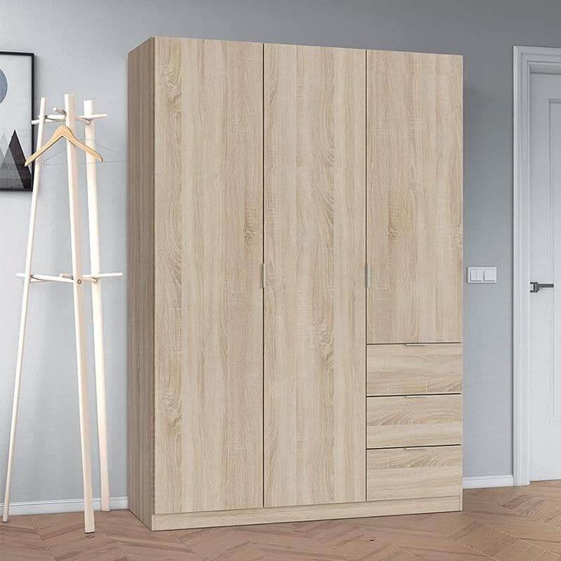 Cairo Oak Effect Compact 3-Door, 3-Drawer Space-Saving Wardrobe, 135cm Wide - UK Luxury Furniture