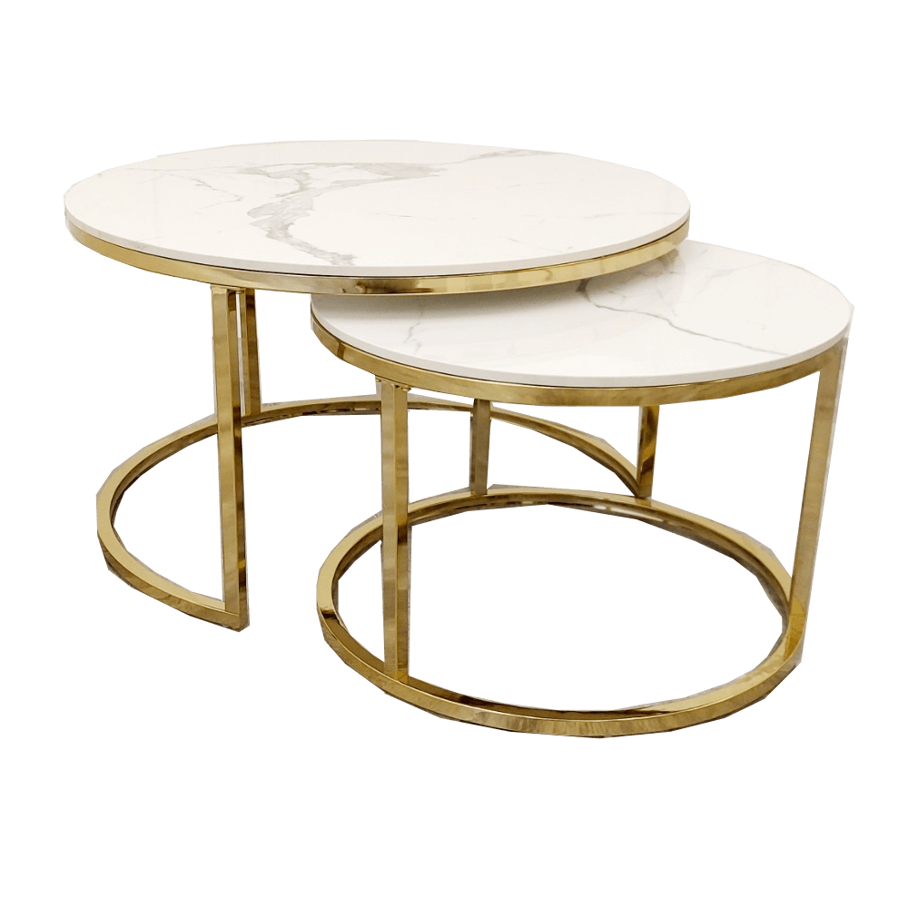 Elegant Cato Nest of 2 Short Round Gold Coffee Tables with Polar White Sintered Stone Tops - UK Luxury Furniture