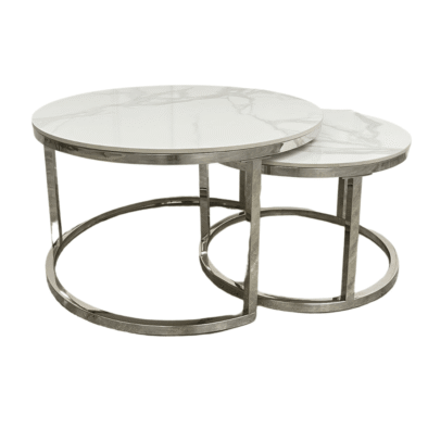 Cato Nest of 2 Short Round Coffee Tables - Silver Frame with Polar White Sintered Stone Tops - UK Luxury Furniture