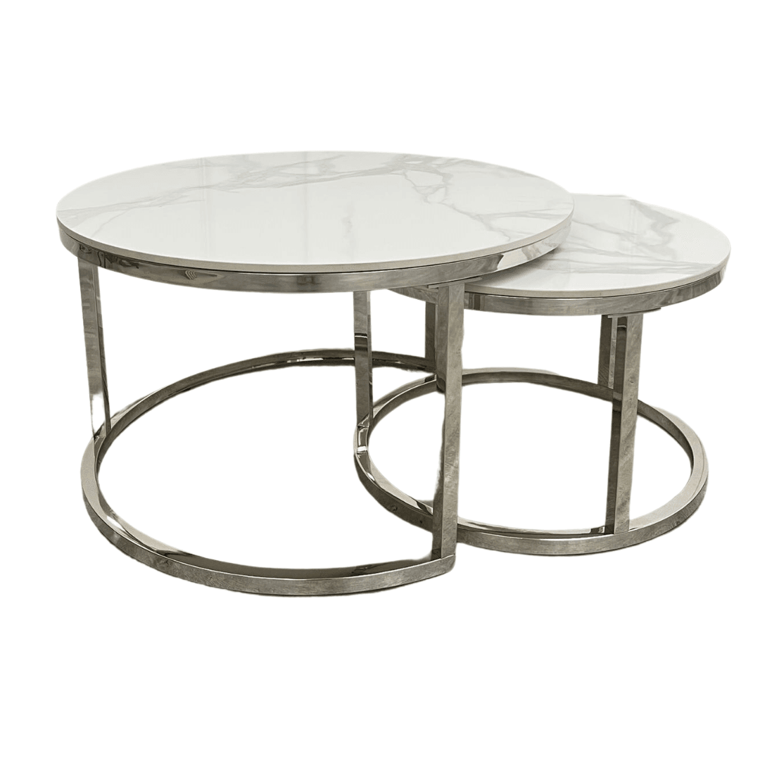 Cato Nest of 2 Short Round Coffee Tables - Silver Frame with Polar White Sintered Stone Tops - UK Luxury Furniture