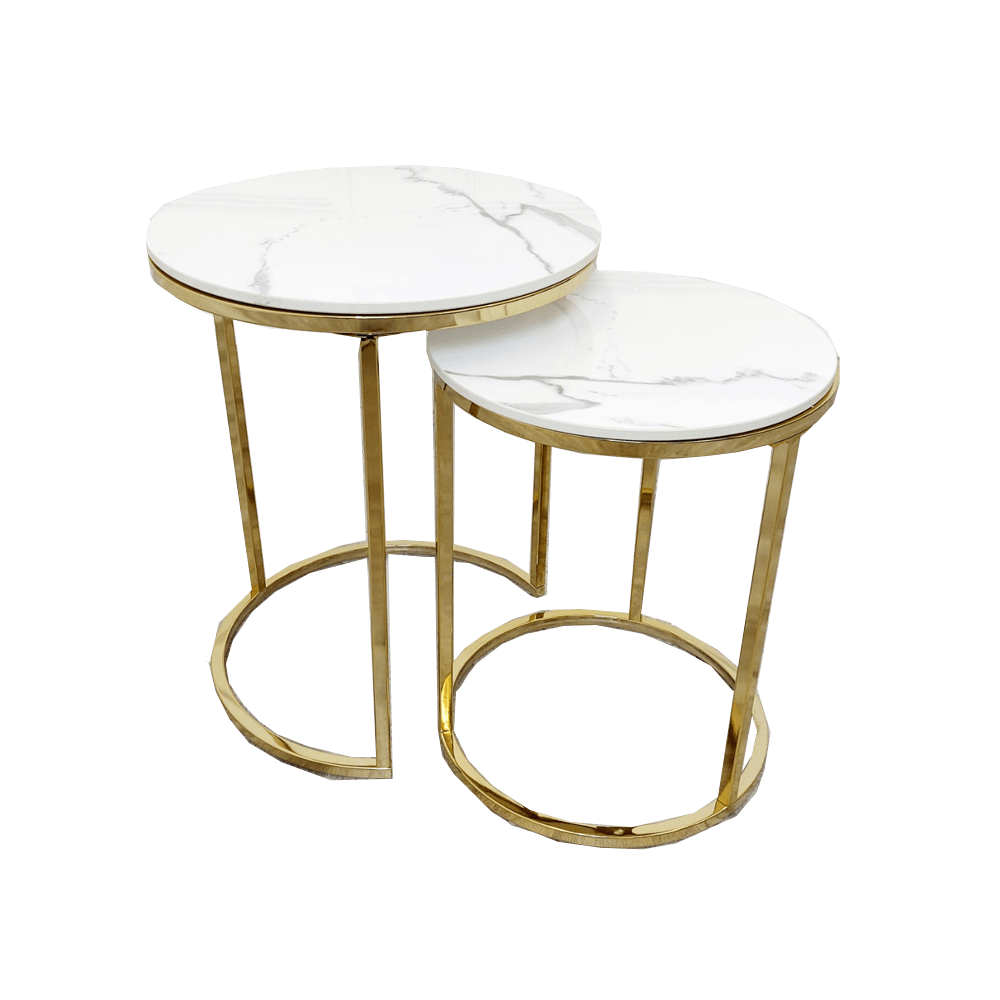 Cato Nest of 2 Tall Gold End Tables with Polar White Stone Tops | Elegant Round Design - UK Luxury Furniture