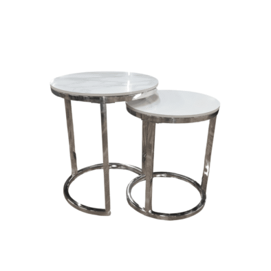 Cato Nest of 2 Tall Silver End Tables with Polar White Sintered Stone Top - Modern Elegance - UK Luxury Furniture
