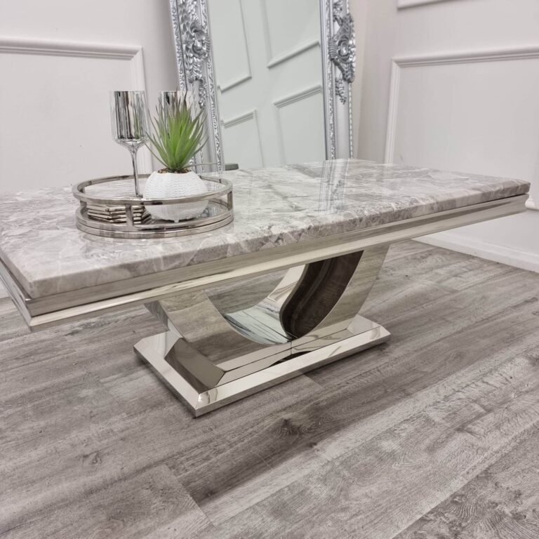 Arial Luxury Coffee Table - 130cm Sintered Stone, Marble or Glass Top with Polished Stainless Steel Base - UK Luxury Furniture