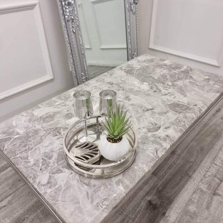 Arial Luxury Coffee Table - 130cm Sintered Stone, Marble or Glass Top with Polished Stainless Steel Base - UK Luxury Furniture