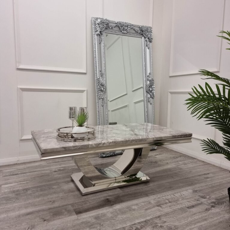 Arial Luxury Coffee Table - 130cm Sintered Stone, Marble or Glass Top with Polished Stainless Steel Base - UK Luxury Furniture