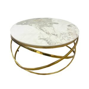 Elegant Spiro Round Coffee Table With Gold Metal Frame and Pandora Sintered Stone Top, 80cm - UK Luxury Furniture