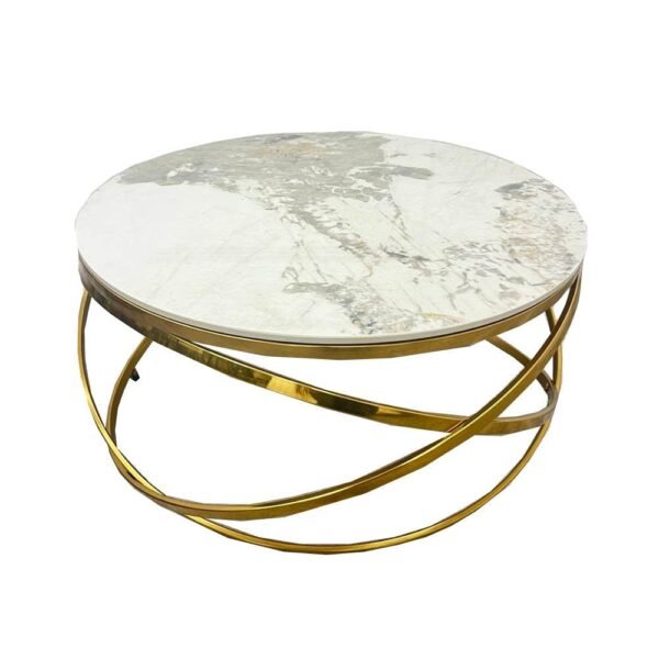 Elegant Spiro Round Coffee Table With Gold Metal Frame and Pandora Sintered Stone Top, 80cm - UK Luxury Furniture