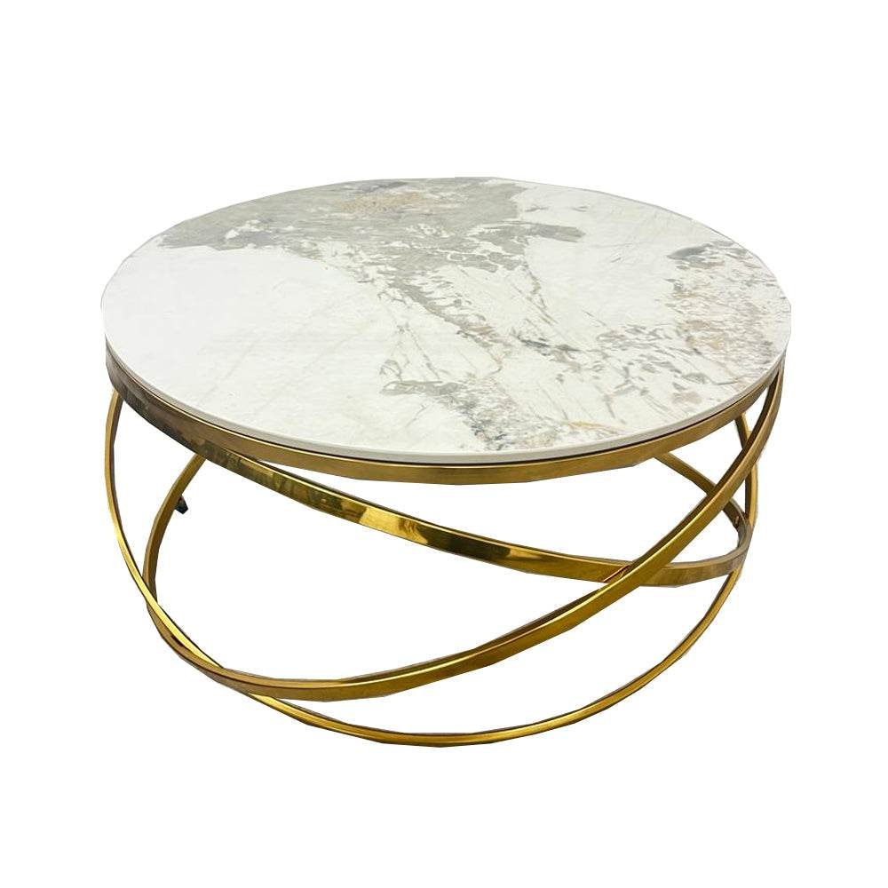 Elegant Spiro Round Coffee Table With Gold Metal Frame and Pandora Sintered Stone Top, 80cm - UK Luxury Furniture