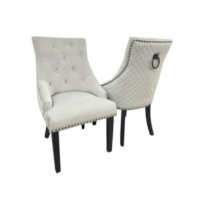 Bentley Black Leg Dining Chair - Light Grey Velvet, Quilted Back, Premium Black Wood Details - UK Luxury Furniture