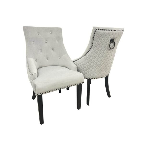 Bentley Black Leg Dining Chair - Light Grey Velvet, Quilted Back, Premium Black Wood Details - UK Luxury Furniture