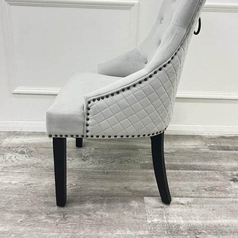 Bentley Black Leg Dining Chair - Light Grey Velvet, Quilted Back, Premium Black Wood Details - UK Luxury Furniture