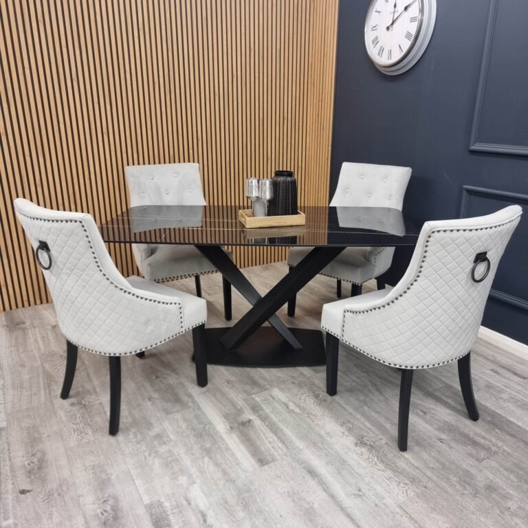 Bentley Black Leg Dining Chair - Light Grey Velvet, Quilted Back, Premium Black Wood Details - UK Luxury Furniture