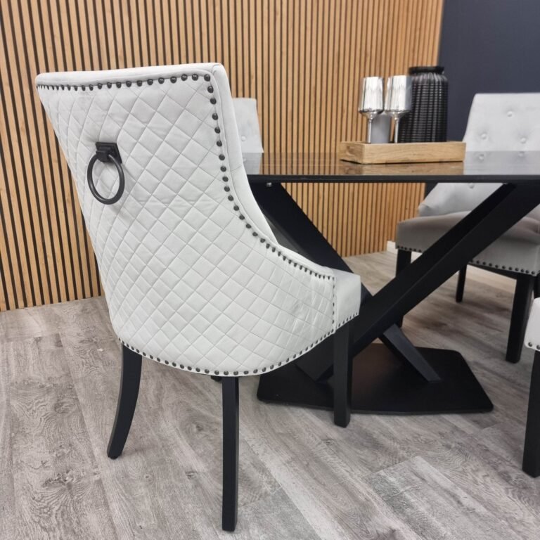 Bentley Black Leg Dining Chair - Light Grey Velvet, Quilted Back, Premium Black Wood Details - UK Luxury Furniture
