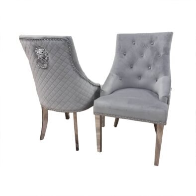 Bentley Velvet Dining Chair with Chrome Lion Knocker, Quilted Back & Studding Detail - UK Luxury Furniture