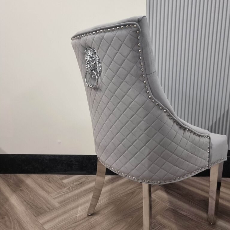 Bentley Velvet Dining Chair with Chrome Lion Knocker, Quilted Back & Studding Detail - UK Luxury Furniture