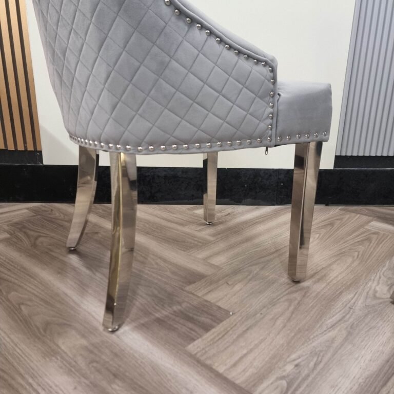 Bentley Velvet Dining Chair with Chrome Lion Knocker, Quilted Back & Studding Detail - UK Luxury Furniture