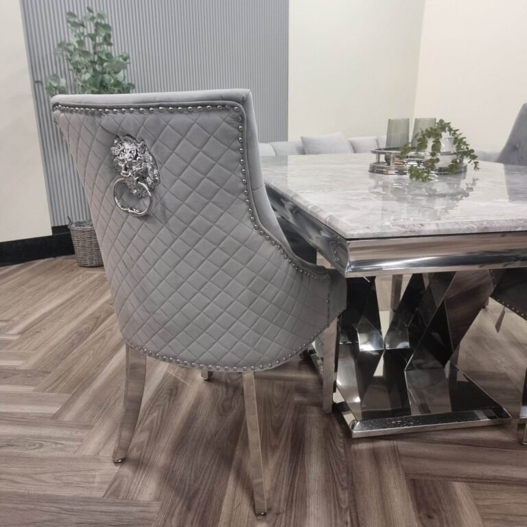 Bentley Velvet Dining Chair with Chrome Lion Knocker, Quilted Back & Studding Detail - UK Luxury Furniture