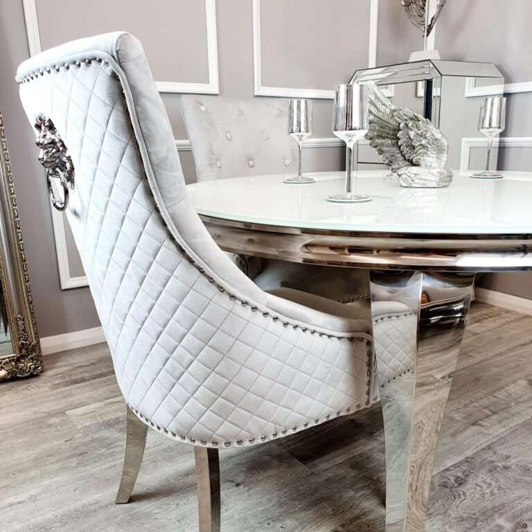 Bentley Velvet Dining Chair with Chrome Lion Knocker, Quilted Back & Studding Detail - UK Luxury Furniture