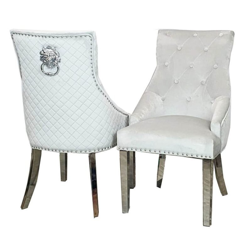 Bentley Velvet Dining Chair with Chrome Lion Knocker, Quilted Back & Studding Detail - UK Luxury Furniture