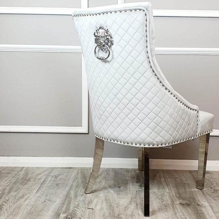Bentley Velvet Dining Chair with Chrome Lion Knocker, Quilted Back & Studding Detail - UK Luxury Furniture