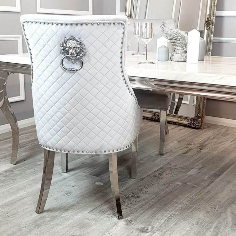 Bentley Velvet Dining Chair with Chrome Lion Knocker, Quilted Back & Studding Detail - UK Luxury Furniture