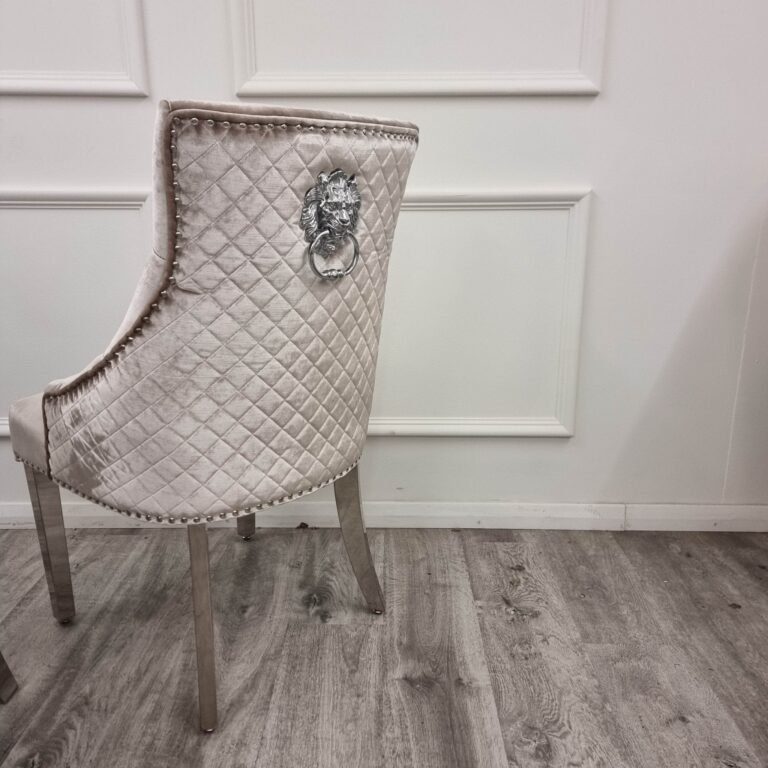 Bentley Velvet Dining Chair with Chrome Lion Knocker, Quilted Back & Studding Detail - UK Luxury Furniture