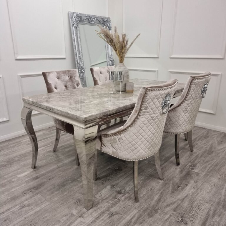 Bentley Velvet Dining Chair with Chrome Lion Knocker, Quilted Back & Studding Detail - UK Luxury Furniture