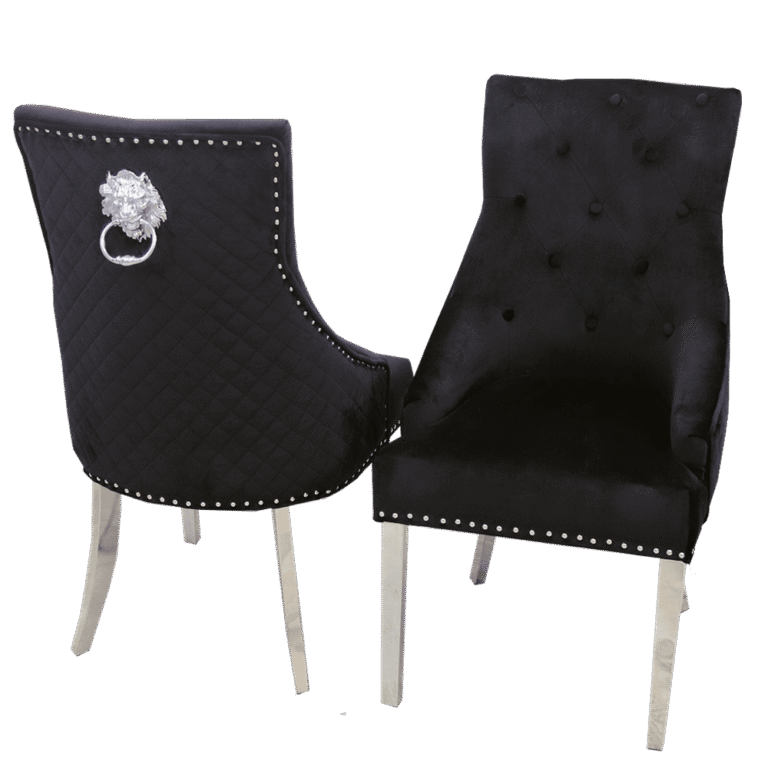 Bentley Velvet Dining Chair with Chrome Lion Knocker, Quilted Back & Studding Detail - UK Luxury Furniture