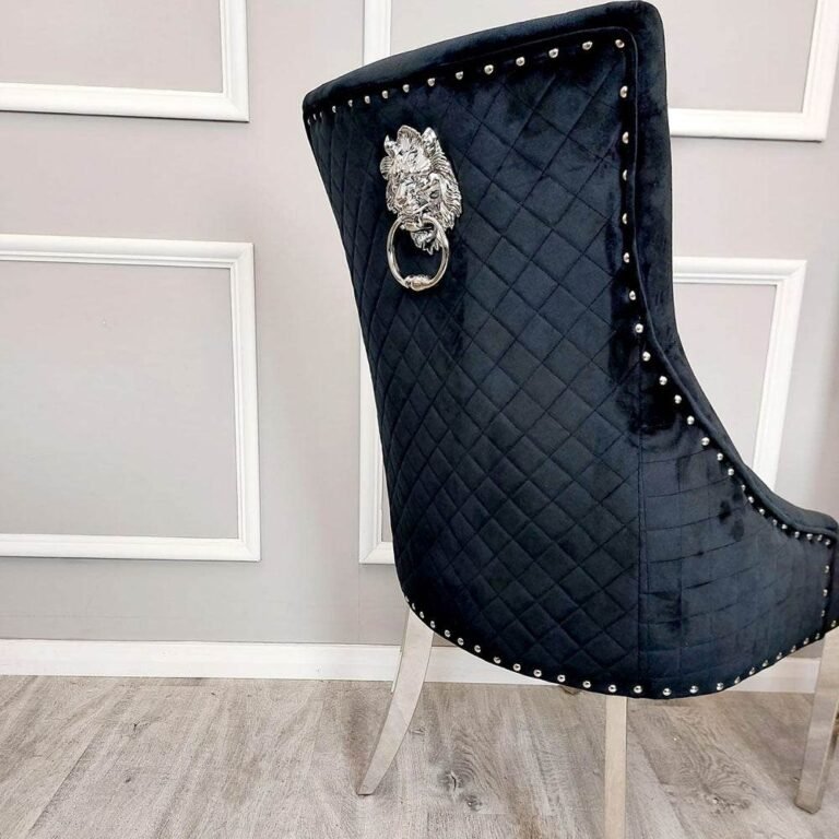 Bentley Velvet Dining Chair with Chrome Lion Knocker, Quilted Back & Studding Detail - UK Luxury Furniture