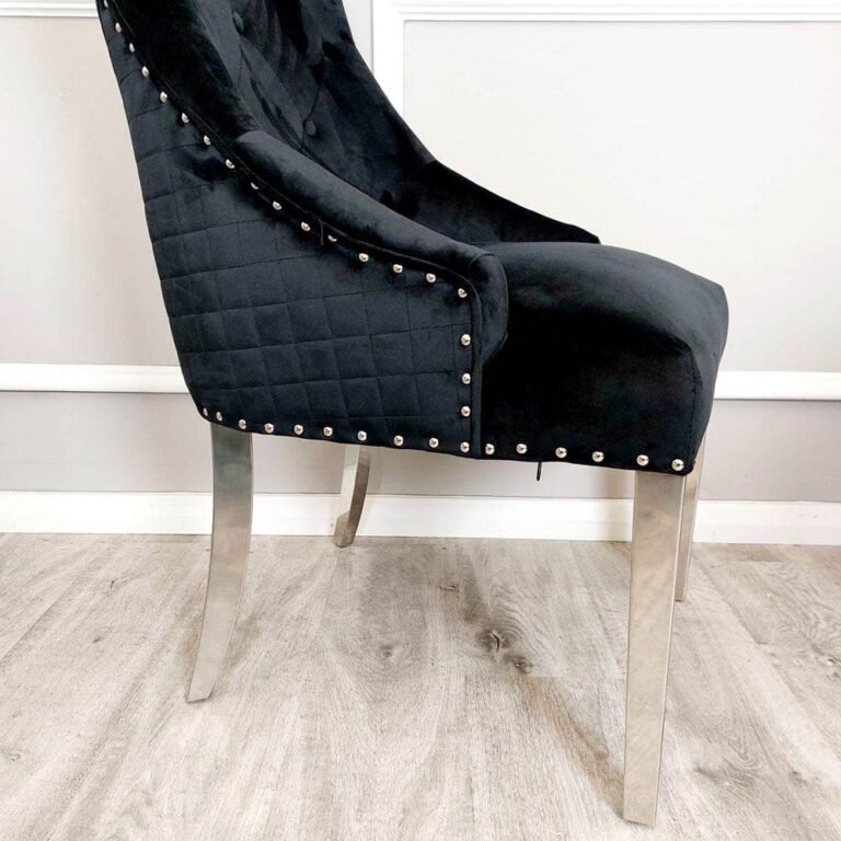 Bentley Velvet Dining Chair with Chrome Lion Knocker, Quilted Back & Studding Detail - UK Luxury Furniture