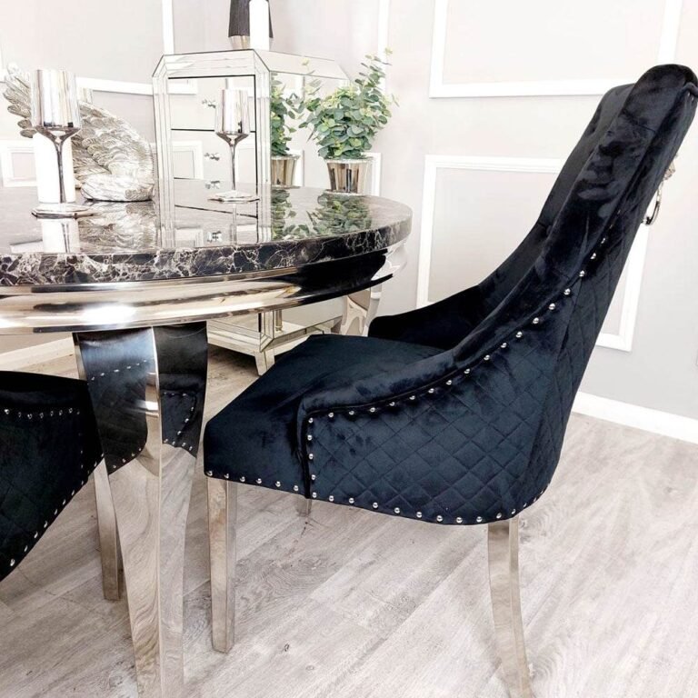 Bentley Velvet Dining Chair with Chrome Lion Knocker, Quilted Back & Studding Detail - UK Luxury Furniture