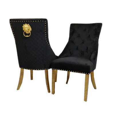 Bentley Gold Dining Chair With Velvet Upholstery, Lion Knocker & Studding Detailing - UK Luxury Furniture