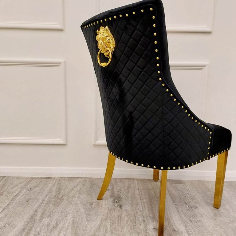 Bentley Gold Dining Chair With Velvet Upholstery, Lion Knocker & Studding Detailing - UK Luxury Furniture
