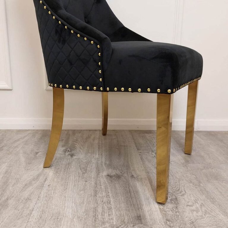 Bentley Gold Dining Chair With Velvet Upholstery, Lion Knocker & Studding Detailing - UK Luxury Furniture