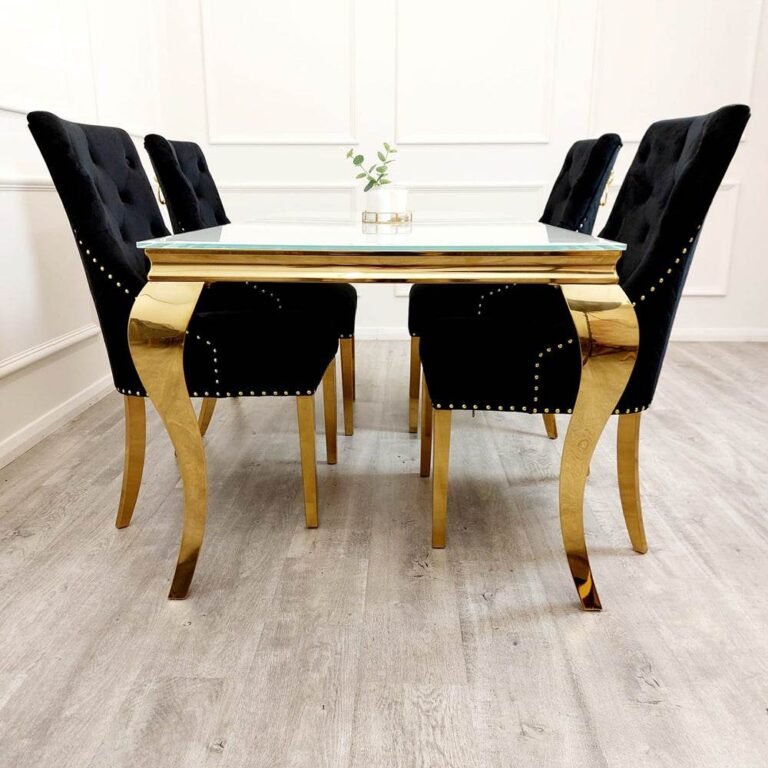 Bentley Gold Dining Chair With Velvet Upholstery, Lion Knocker & Studding Detailing - UK Luxury Furniture