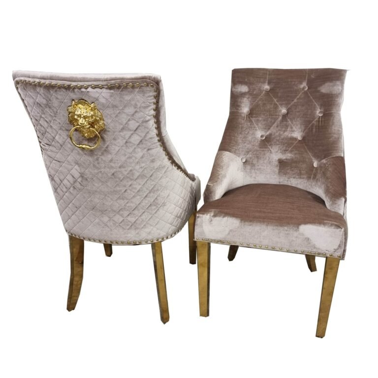 Bentley Gold Dining Chair With Velvet Upholstery, Lion Knocker & Studding Detailing - UK Luxury Furniture