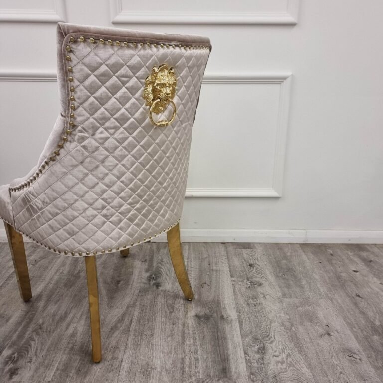 Bentley Gold Dining Chair With Velvet Upholstery, Lion Knocker & Studding Detailing - UK Luxury Furniture