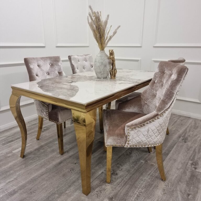 Bentley Gold Dining Chair With Velvet Upholstery, Lion Knocker & Studding Detailing - UK Luxury Furniture