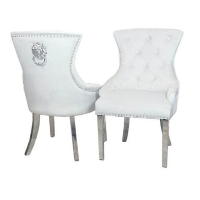 Megan Dining Chair with Lion Knocker - Plain Back Design, Leather & Velvet Options, Chrome Legs - UK Luxury Furniture