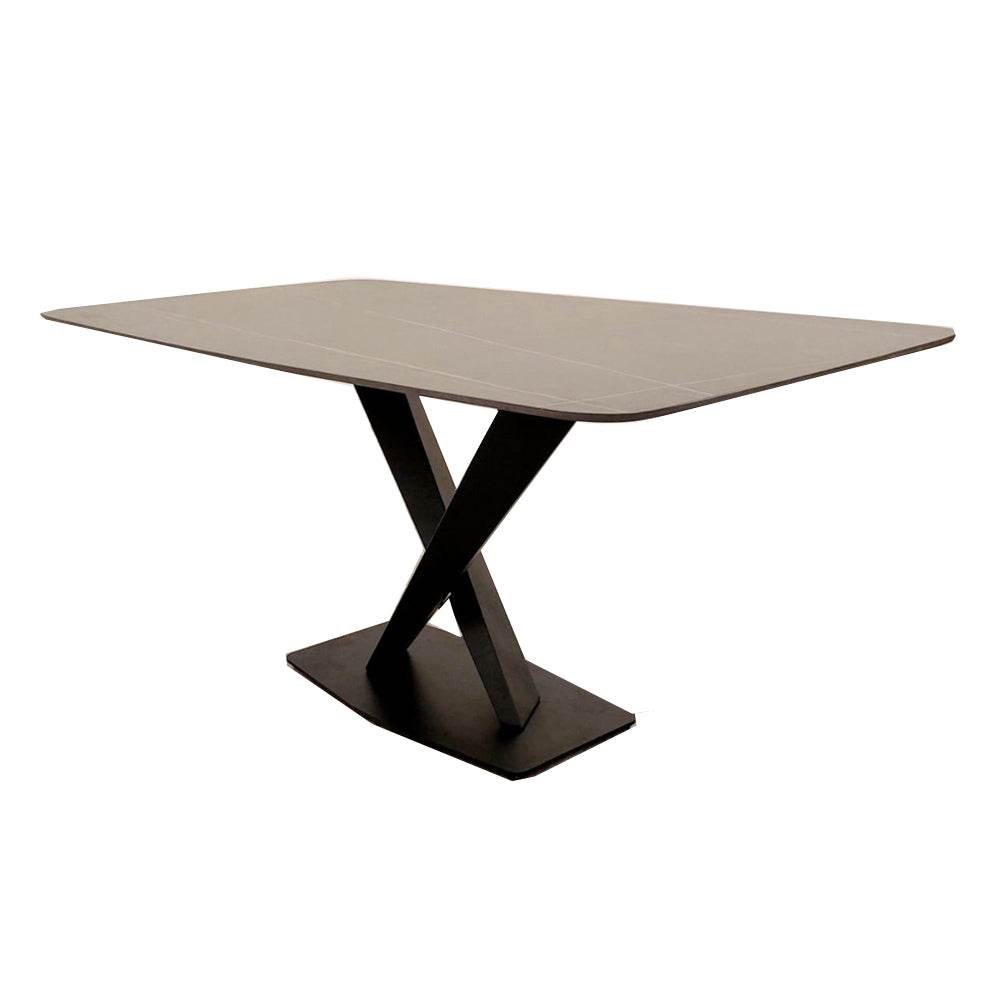 Apollo 1.6m Dining Table - Black Sintered Stone Top with Mustard Grain, Black Pedestal Base - UK Luxury Furniture